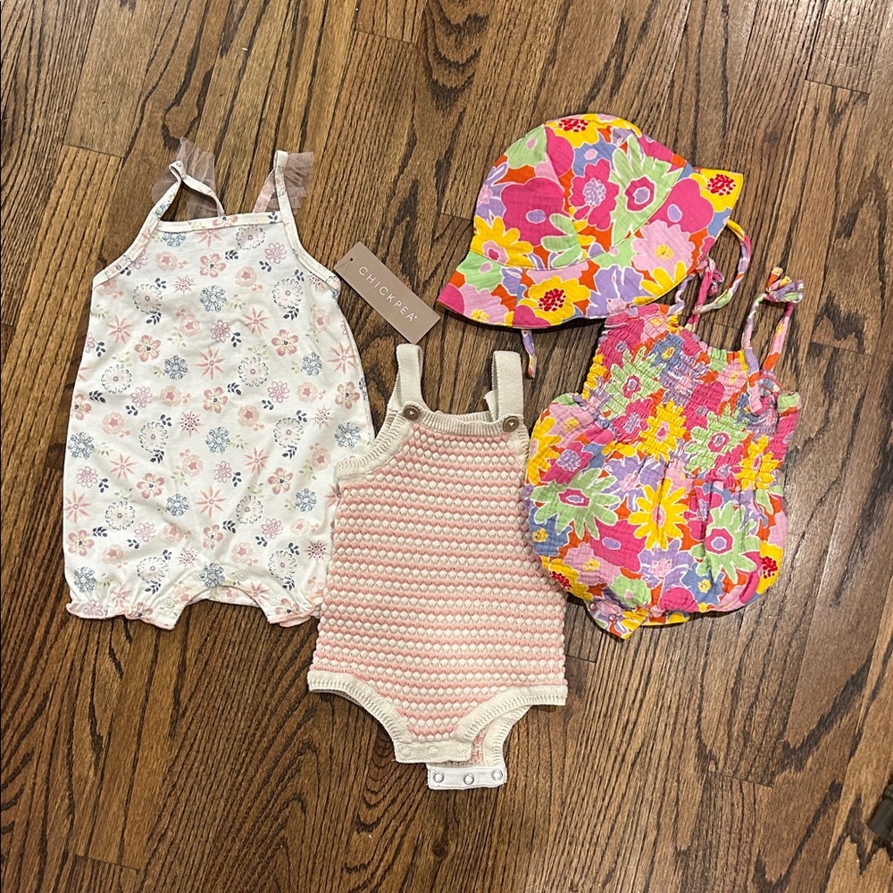 Floral and Pink Baby Romper Set with Hat